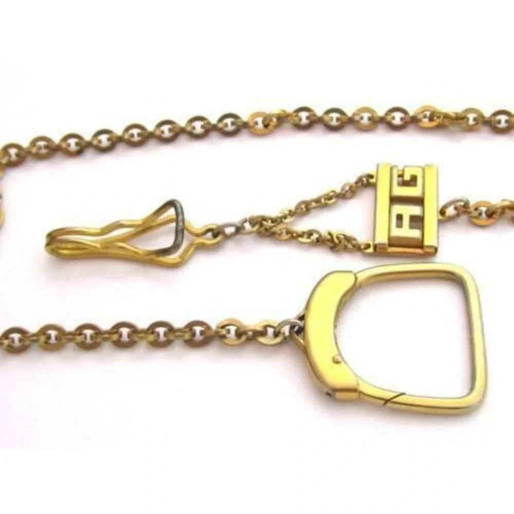 Antique Pocket‎ Watch Chain Monogram AG Initials Gold Plated w/ Keychain + Clip